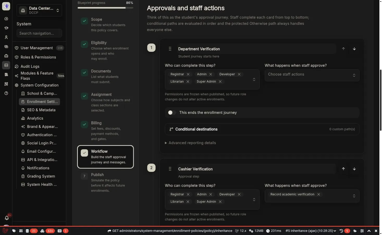 Approval workflow timeline with responsible roles, actions, branches, and advanced reporting details