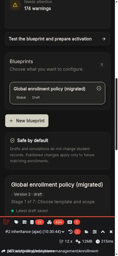 Mobile Enrollment Blueprint view showing responsive blueprint selection and future-only safety guidance